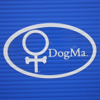 DogMa Sticker on Blue Background