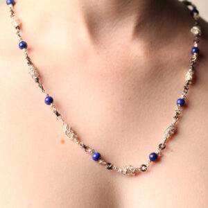 Handcrafted Fine Silver Beaded Necklace with Genuine Lapis