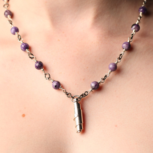 Handcrafted Sterling Silver & Charoite Long Bead Necklace